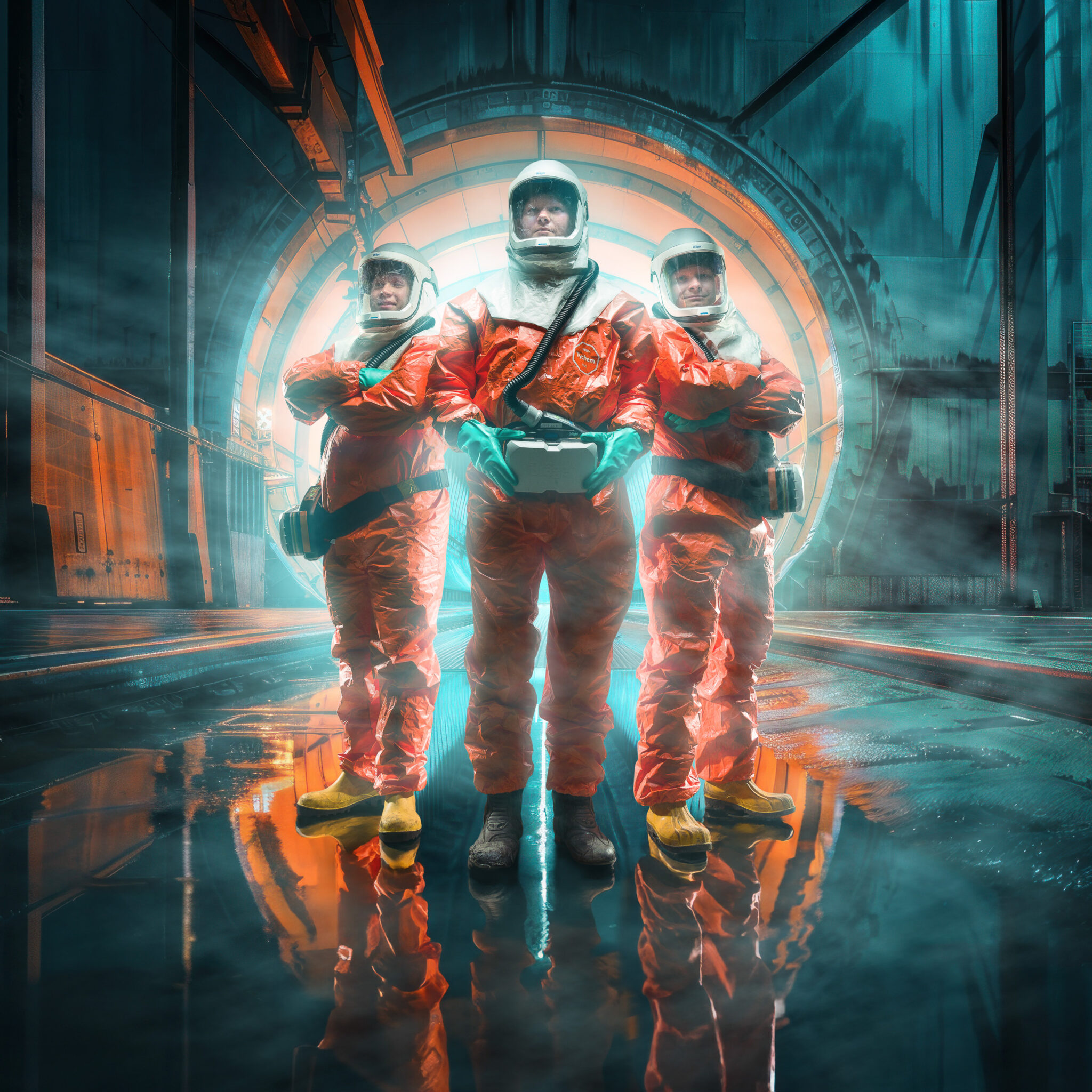 Drei USP-Mitarbeitende in orangen Schutzanzügen stehen wie Astronauten in einem leuchtenden Tank, Recruiting-Visual als Composing